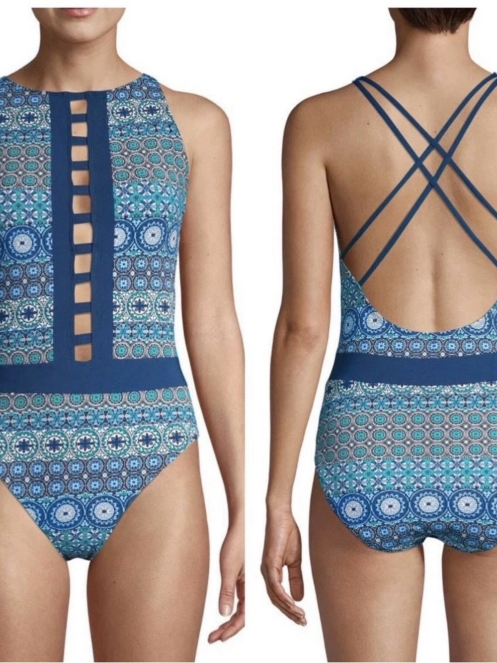 Bleu Rod Beattie Blue and Teal Patterned One-Piece with Lattice Front